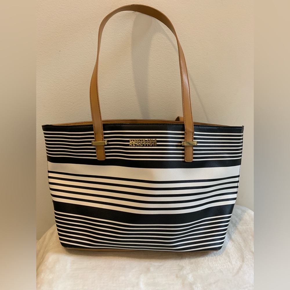 Kenneth Cole Reaction Shoulder Tote Bag Black White Stripes Button Casual Purse